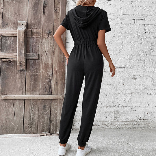 Damen moderner Kurzarm-Jumpsuit mit praktischen Taschen und Kapuze
