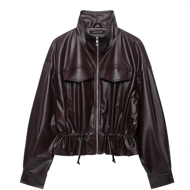 Damen Cropped Kunstleder‑Blouson mit Stehkragen, Pattentaschen und Tunnelzugtaillierung Nord Taschen