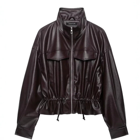 Damen Cropped Kunstleder‑Blouson mit Stehkragen, Pattentaschen und Tunnelzugtaillierung Nord Taschen