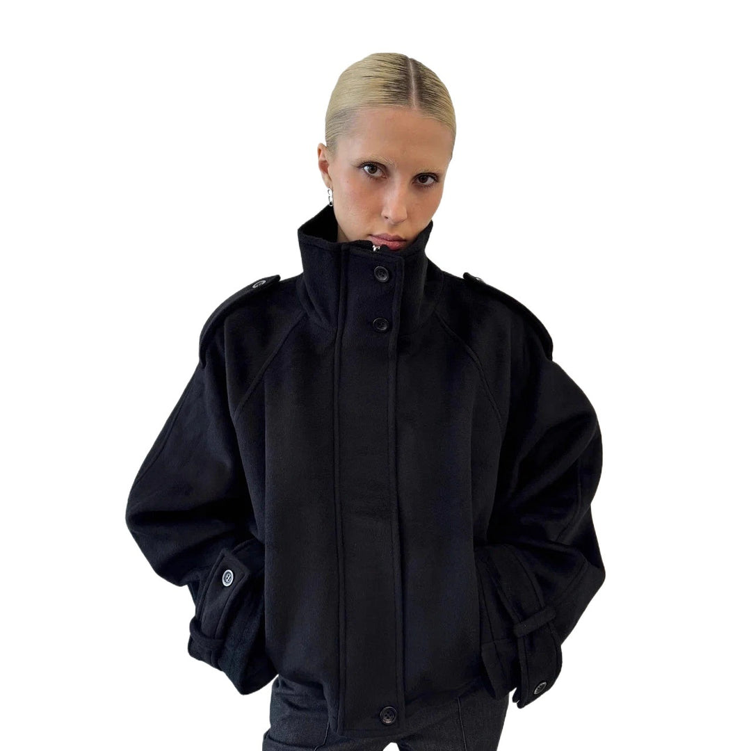 Damen Oversized Woll-Cropped-Jacke mit hohem Stehkragen und Ballonärmeln Nord Taschen