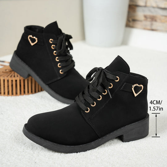 Damen Schnür-Ankleboots aus Veloursoptik mit niedrigem Blockabsatz und Herzdetail Nord Taschen