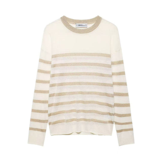 Damen Leichter gestreifter Feinstrickpullover mit metallischem Lurex‑Streifen und Rundhals Nord Taschen