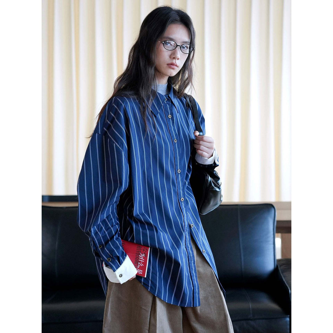 Damen Oversized-Streifenbluse mit Kontrastmanschetten Nord Taschen