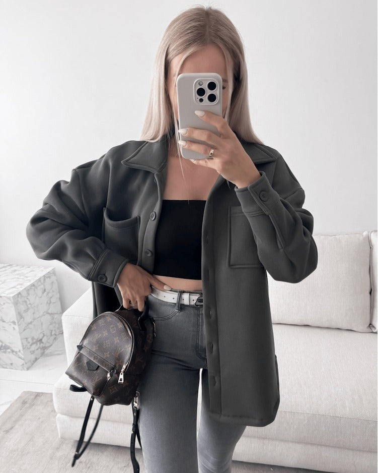 Damen Oversized Hemdjacke Shacket aus weichem Wollmix mit aufgesetzten Brusttaschen Nord Taschen