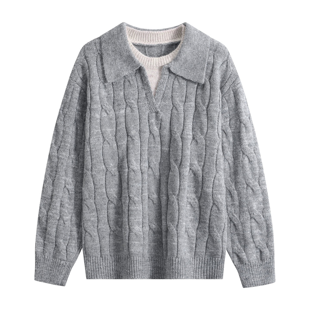 Damen Oversize Grobstrick-Pullover mit Polokragen und Zopfmuster Nord Taschen