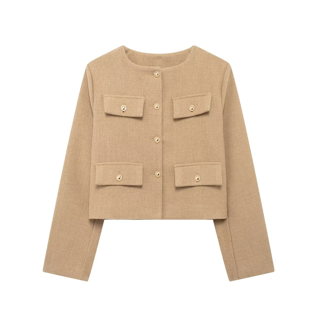 Damen Bouclé-Cropped-Jacke mit vier Pattentaschen und goldenen Schmuckknöpfen Nord Taschen
