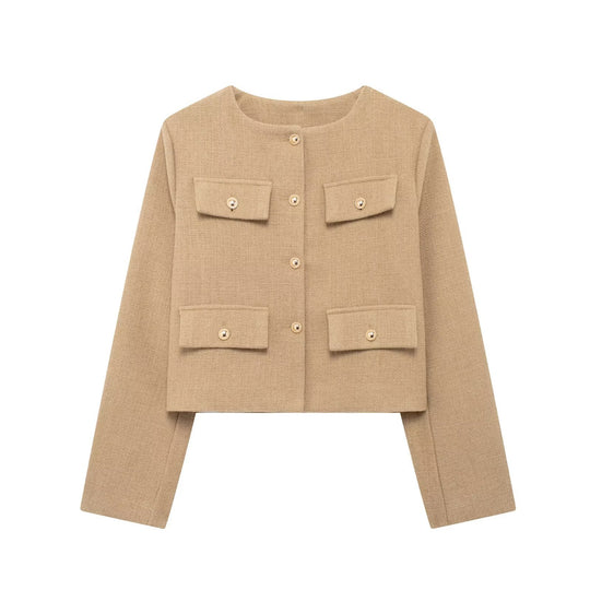 Damen Bouclé-Cropped-Jacke mit vier Pattentaschen und goldenen Schmuckknöpfen Nord Taschen