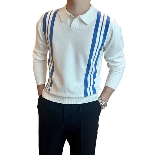 Herren Polokragen-Strickpullover mit markanten Längsstreifen und schmaler Passform Nord Taschen