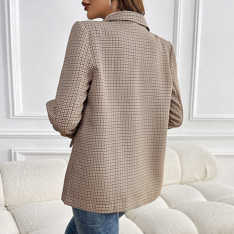 Damen Oversize Hahnentritt-Blazer mit Reverskragen und Pattentaschen Nord Taschen