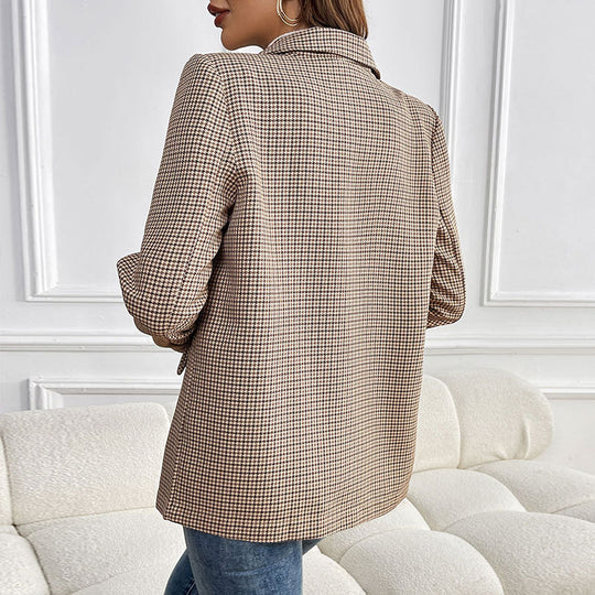Damen Oversize Hahnentritt-Blazer mit Reverskragen und Pattentaschen Nord Taschen