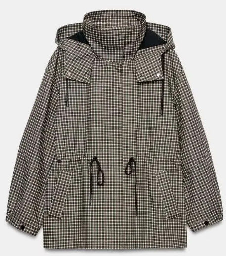 Damen karierter Anorak mit Kapuze und Tunnelzug Nord Taschen
