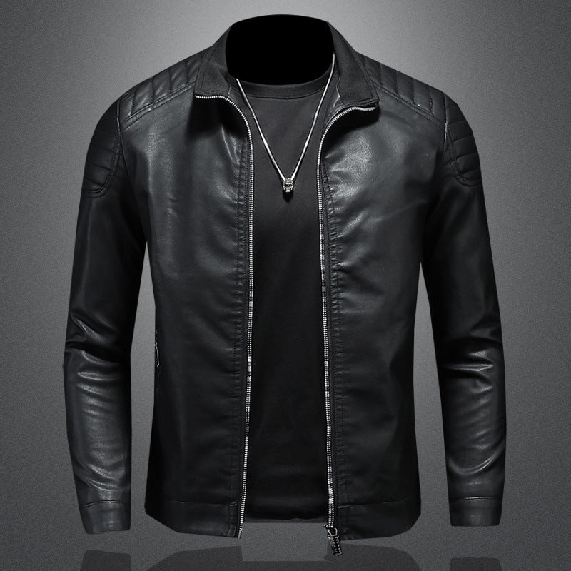 Herren schlank geschnittene Kunstleder-Motojacke mit Stehkragen und gesteppter Schulterpasse Nord Taschen