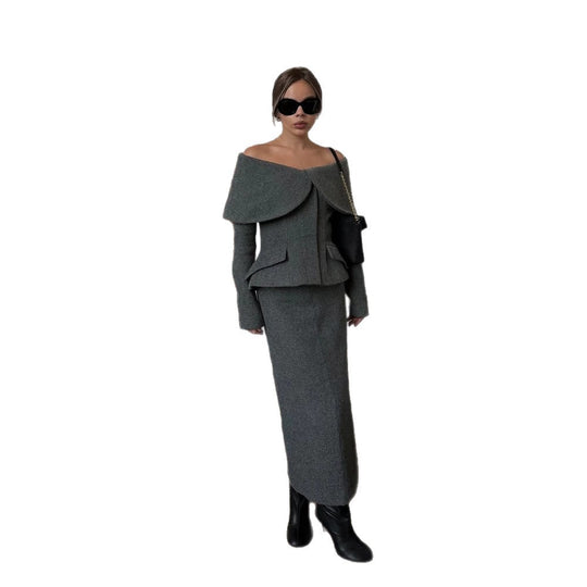 Damen Elegantes Bouclé-Set mit schulterfreiem Jackett und tailliertem Bleistiftrock Nord Taschen