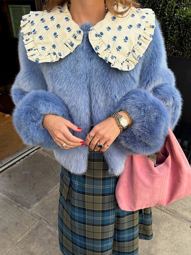 Damen Kurze Kunstpelzjacke mit markantem Häkelkragen Nord Taschen