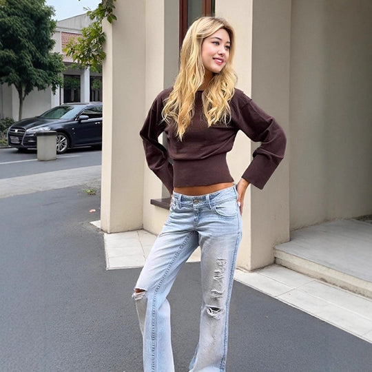 Damen Cropped Feinstrick-Pullover mit weiten Manschettenärmeln und tailliertem Rippbund Nord Taschen