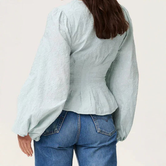 Damen Jacquard-Spitzenbluse mit tailliertem Schößchen und Ballonärmeln Nord Taschen