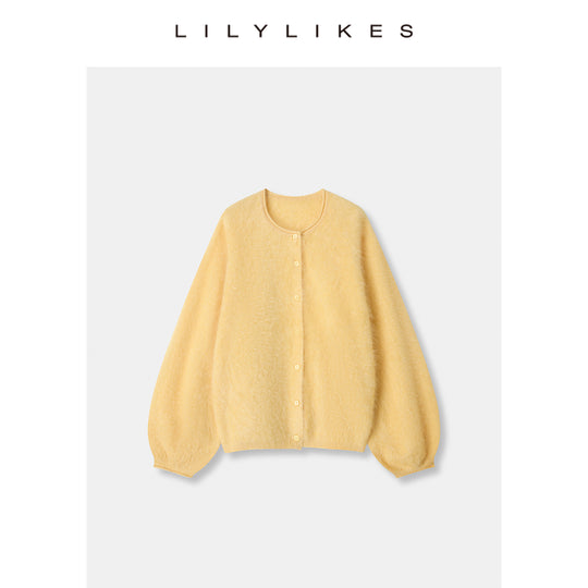 Damen Kuscheliger Mohair-Cardigan mit Ballonärmeln und Rundhalsausschnitt Nord Taschen