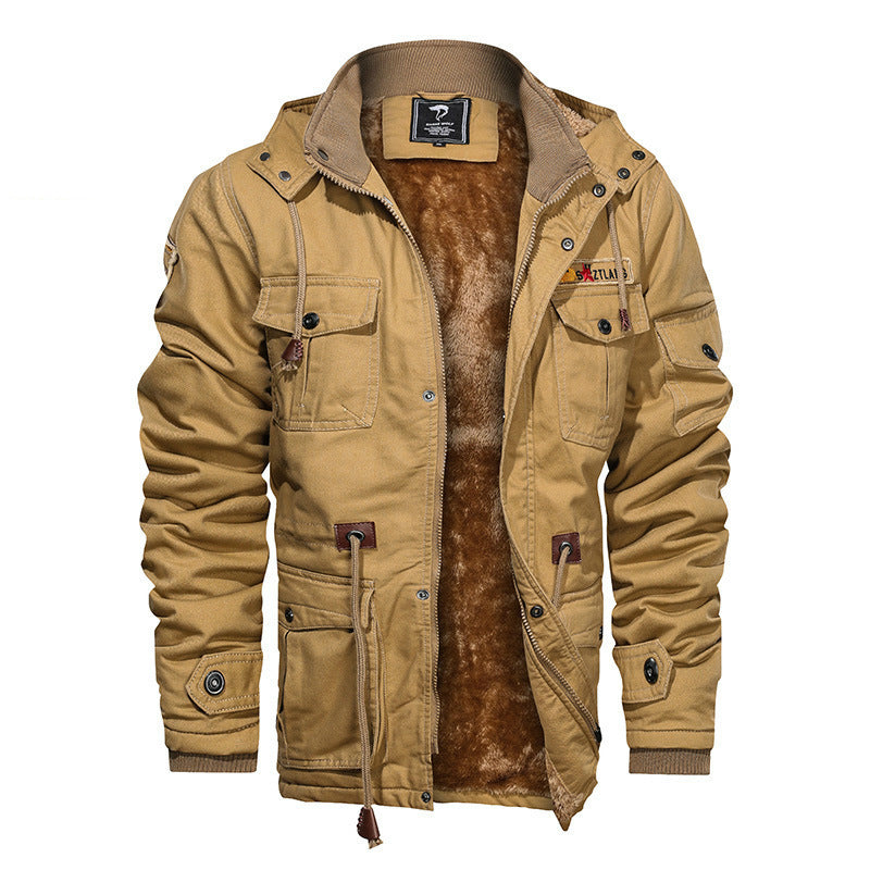 Herren Militärinspirierte Canvas-Fieldjacke mit Kapuze, Kordzug‑Taille und Fleece‑Innenfutter Nord Taschen