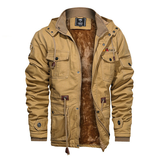 Herren Militärinspirierte Canvas-Fieldjacke mit Kapuze, Kordzug‑Taille und Fleece‑Innenfutter Nord Taschen