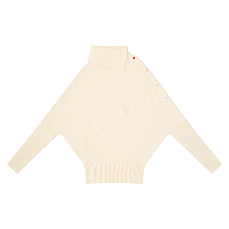 Damen Oversize-Pullover mit Rollkragen, asymmetrischer Schulter-Knopfleiste und Zopfstrick-Details Nord Taschen