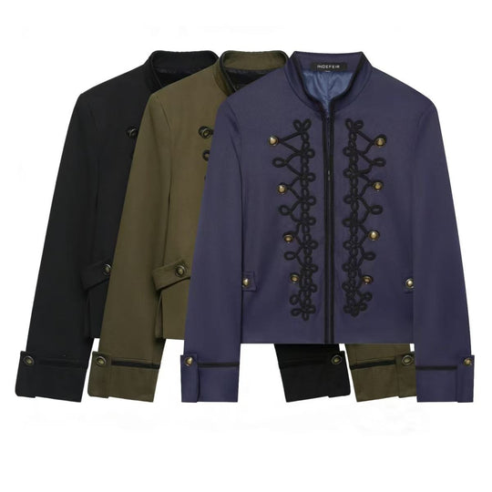 Damen Cropped-Militärjacke mit Stehkragen und dekorativer Kordelapplikation Nord Taschen