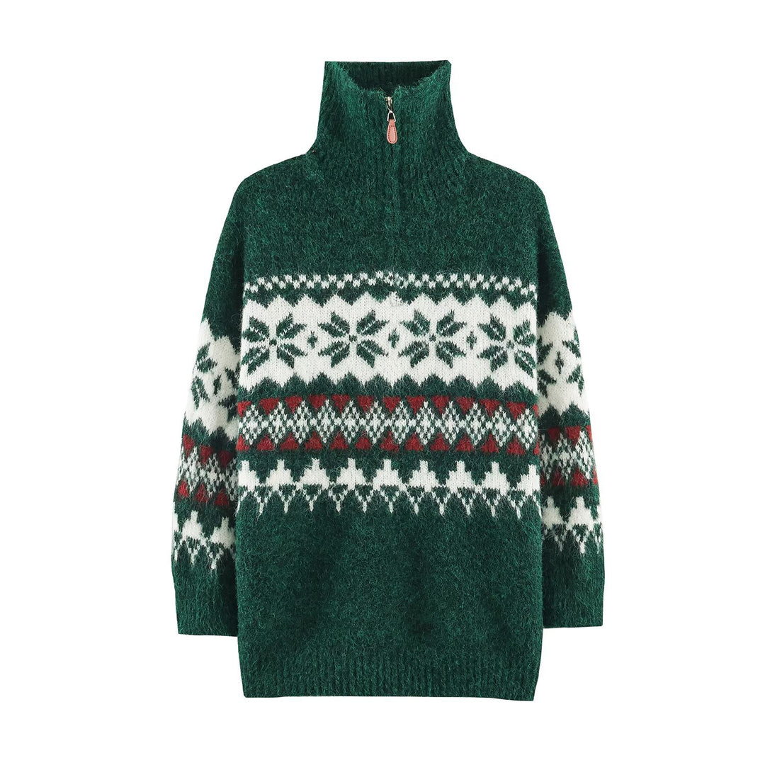 Damen Norwegermuster Strickpullover mit halbem Reißverschluss und Stehkragen Nord Taschen
