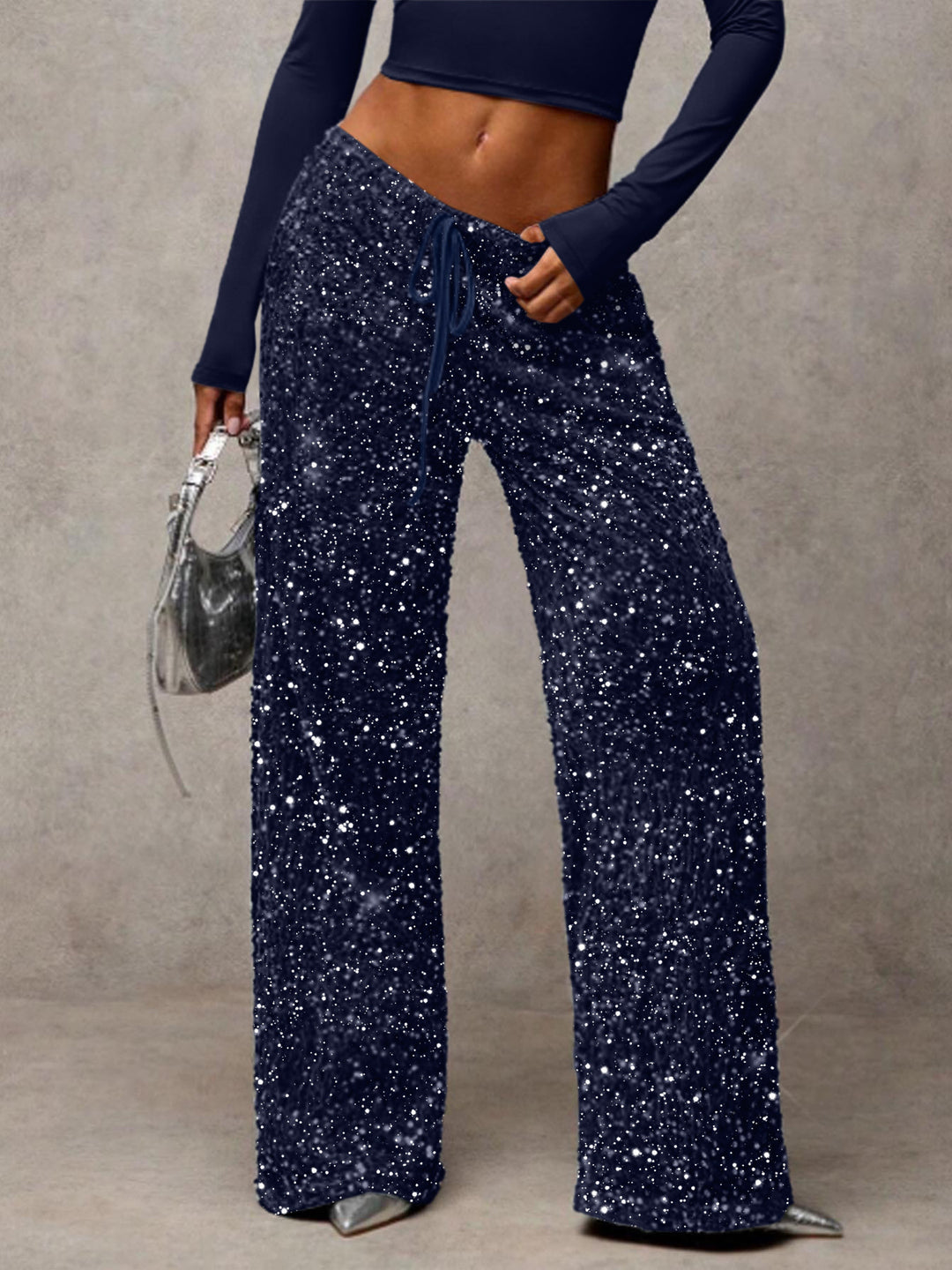 Damen Pailletten-Palazzohose mit hohem Bund und Kordelzug Nord Taschen