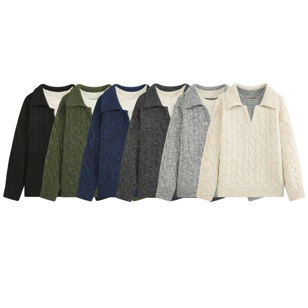 Damen Grobgestrickter Oversize-Pullover mit Polokragen und Zopfmuster Nord Taschen