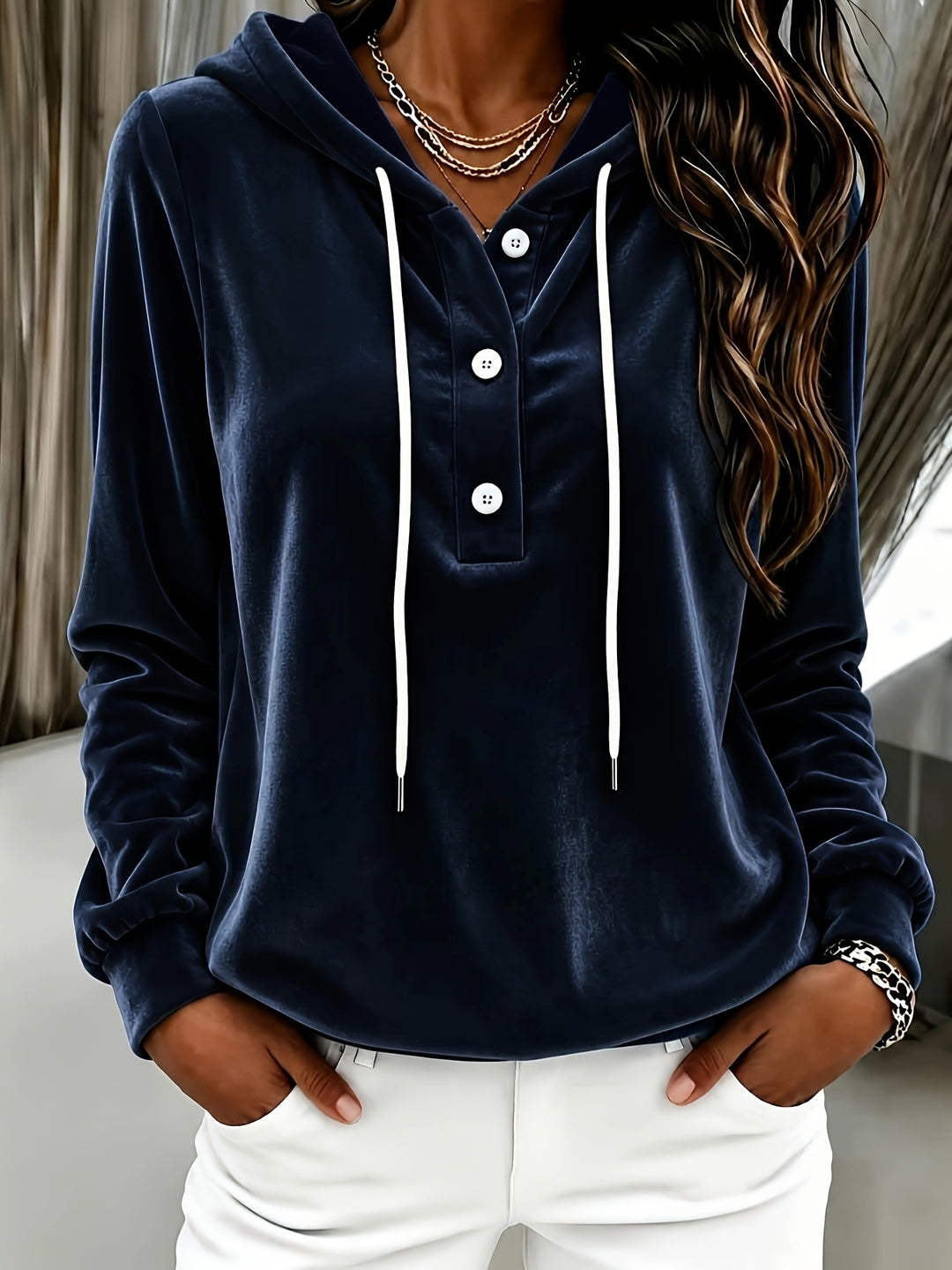 Damen Samt-Hoodie mit Knopfleiste, Kapuze und weichem Fleece-Finish Nord Taschen