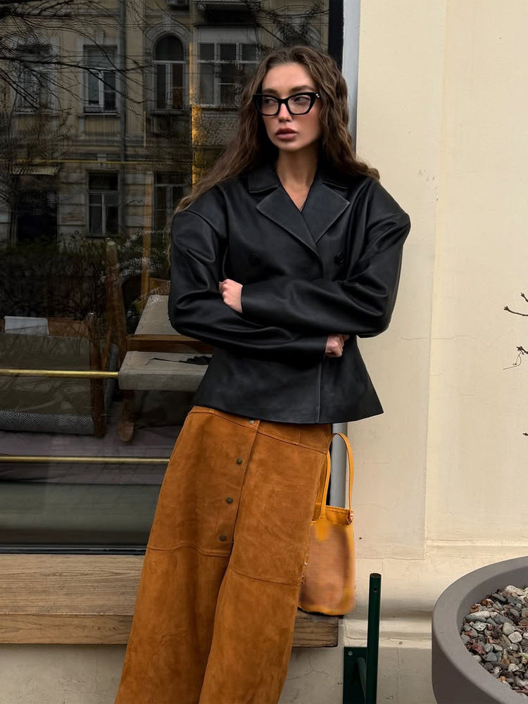 Damen Modischer Blazer-Bomber aus veganem Lederimitat mit doppeltreihiger Front Nord Taschen