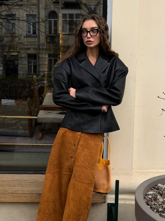 Damen Modischer Blazer-Bomber aus veganem Lederimitat mit doppeltreihiger Front Nord Taschen