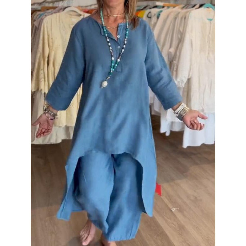 Damen Midilanges Leinen-Tunika-Set mit asymmetrischem Saum und weiter Palazzo-Hose Nord Taschen