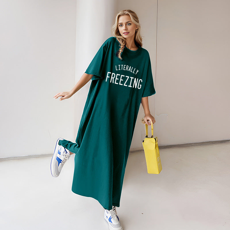 Damen nan lässiges Oversize Maxi-T-Shirt-Kleid mit Rundhals und Statement-Print Nord Taschen