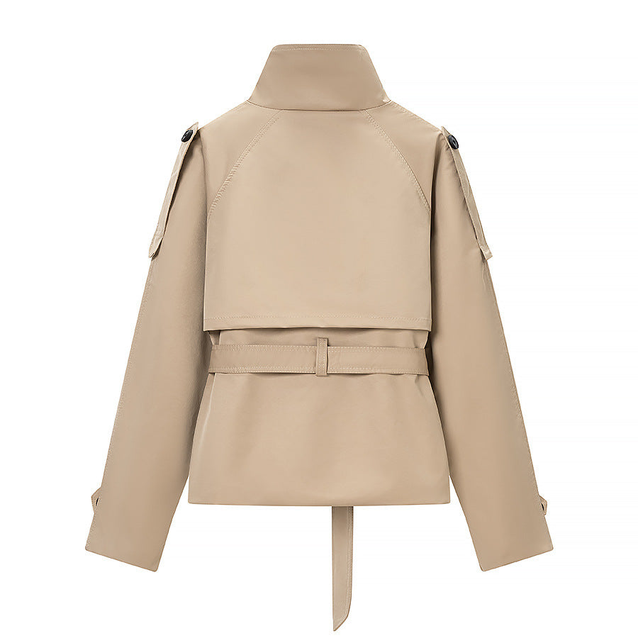 Damen Kurz geschnittener taillierter Trenchcoat mit hoher Knopfleiste und Taillengürtel Nord Taschen
