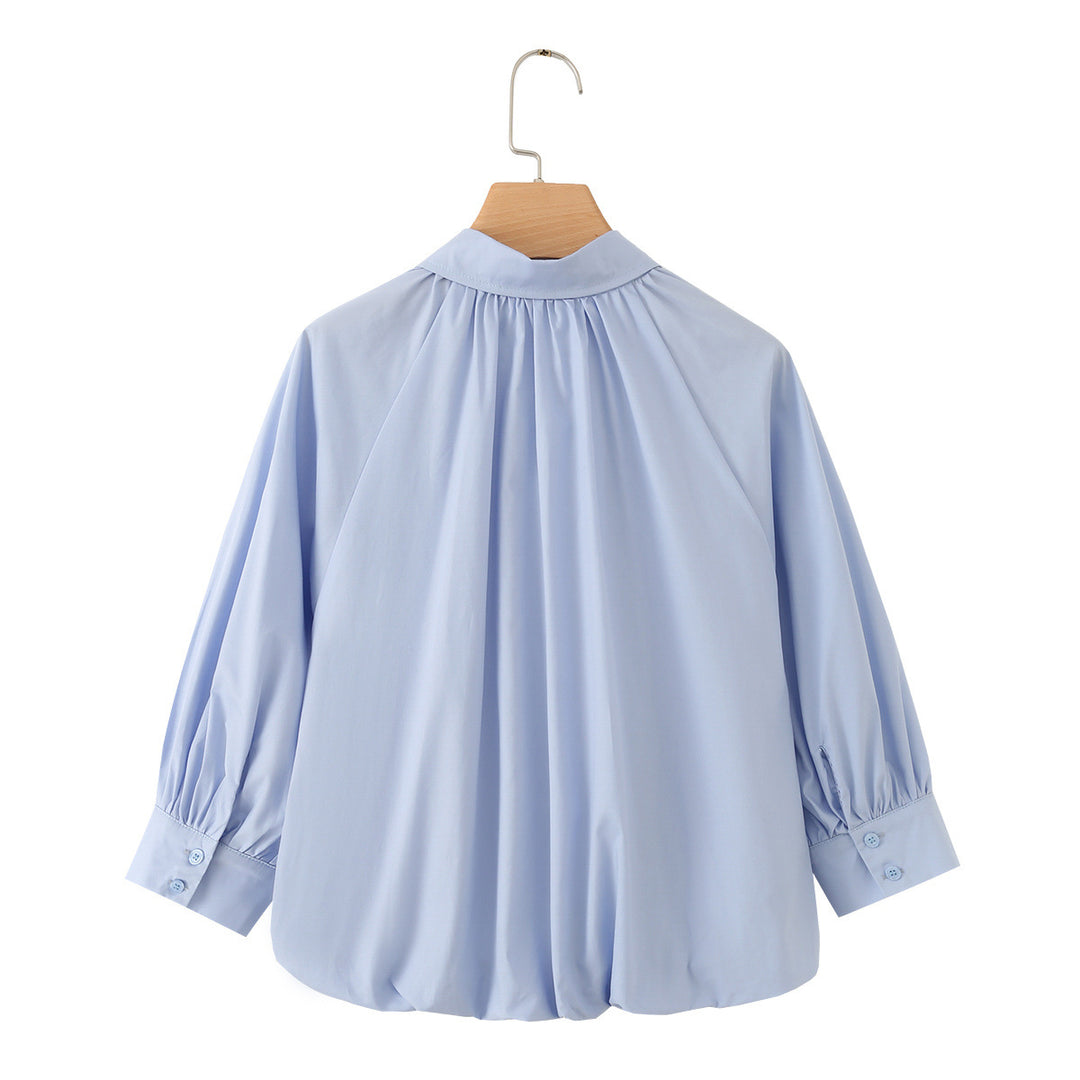 Damen Weites Blusenshirt mit Kellerfalten Ballonärmeln und Hemdkragen Nord Taschen