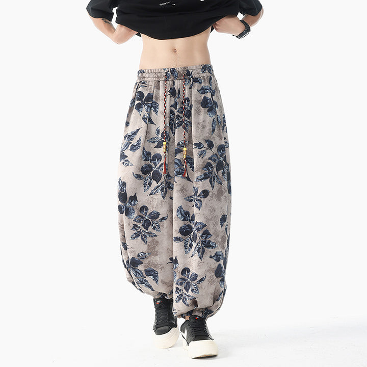 Damen lässige Pluderhose im Ethno-Print mit elastischem Bund, Kordelzug und gesmokten Bündchen Nord Taschen