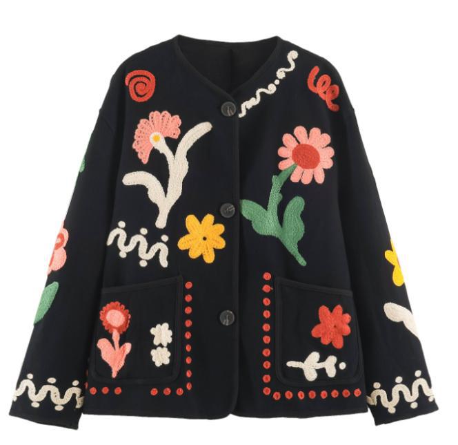 Damen bestickte Boxy-Jacke mit floraler Applikation und aufgesetzten Taschen Nord Taschen