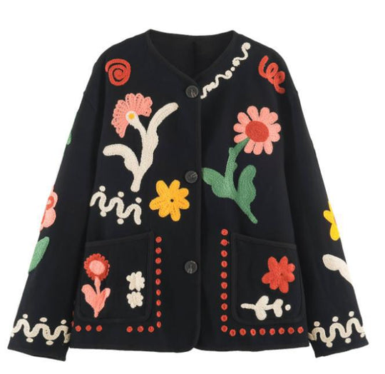 Damen bestickte Boxy-Jacke mit floraler Applikation und aufgesetzten Taschen Nord Taschen
