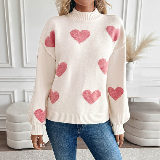 Damen Kuscheliger Strickpullover mit Herzintarsien und Stehkragen Nord Taschen