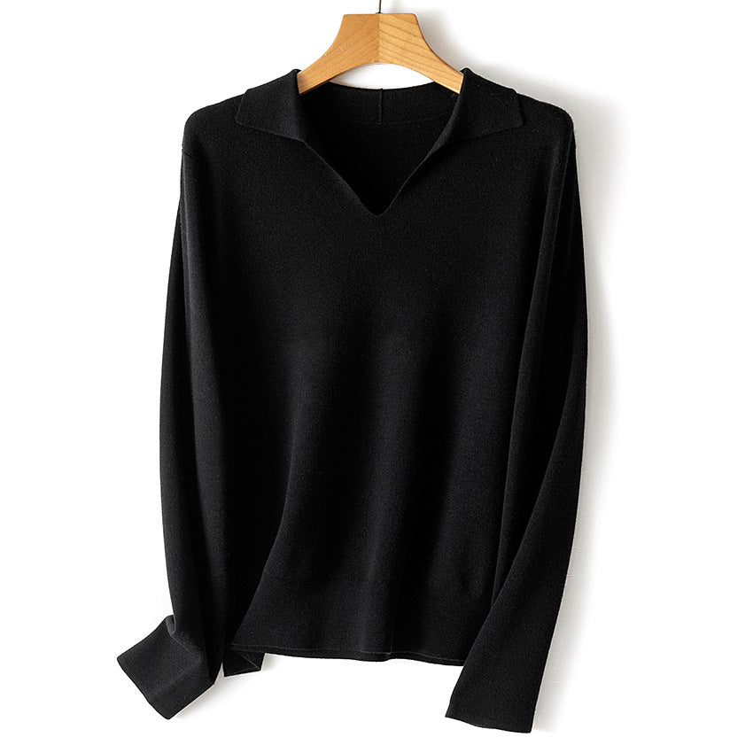 Damen feiner leichter V-Ausschnitt-Pullover mit offenem Hemdkragen und legerer Silhouette Nord Taschen