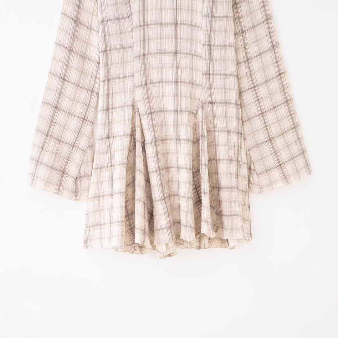 Damen Leichtes kariertes Sommerkleid mit tiefem V-Ausschnitt und Glockenärmeln Nord Taschen