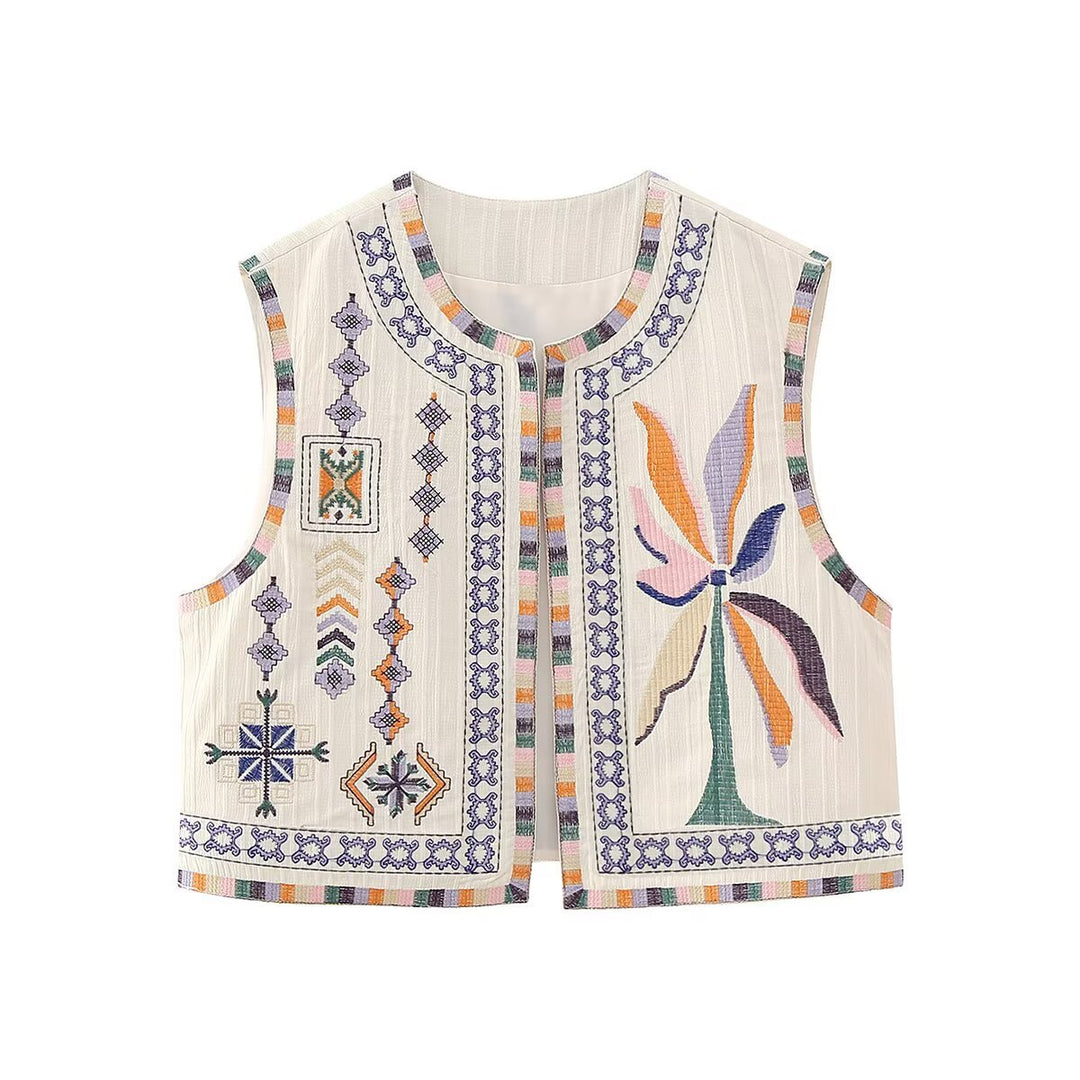 Damen bestickte ärmellose Boho‑Weste mit folkloristischen Motiven und offener Front Nord Taschen
