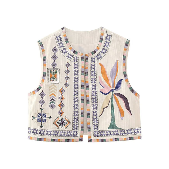 Damen bestickte ärmellose Boho‑Weste mit folkloristischen Motiven und offener Front Nord Taschen