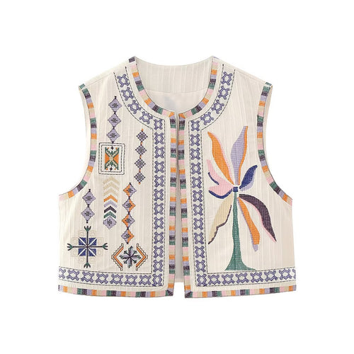 Damen bestickte ärmellose Boho‑Weste mit folkloristischen Motiven und offener Front Nord Taschen