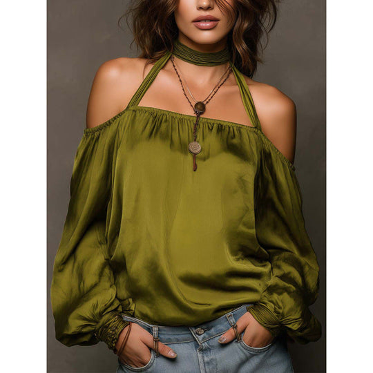 Damen Off-Shoulder Bluse mit voluminösen Ärmeln und Choker