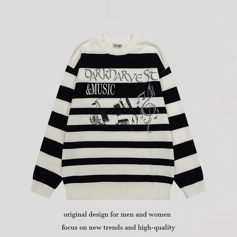 Damen Gestreifter Oversize-Strickpullover mit Rundhals und Musik-Grafik Nord Taschen