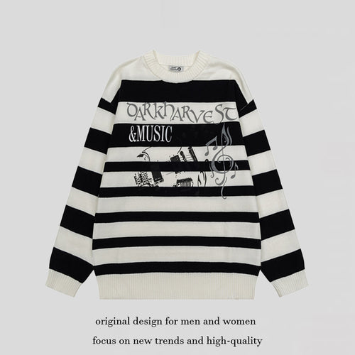 Damen Gestreifter Oversize-Strickpullover mit Rundhals und Musik-Grafik Nord Taschen