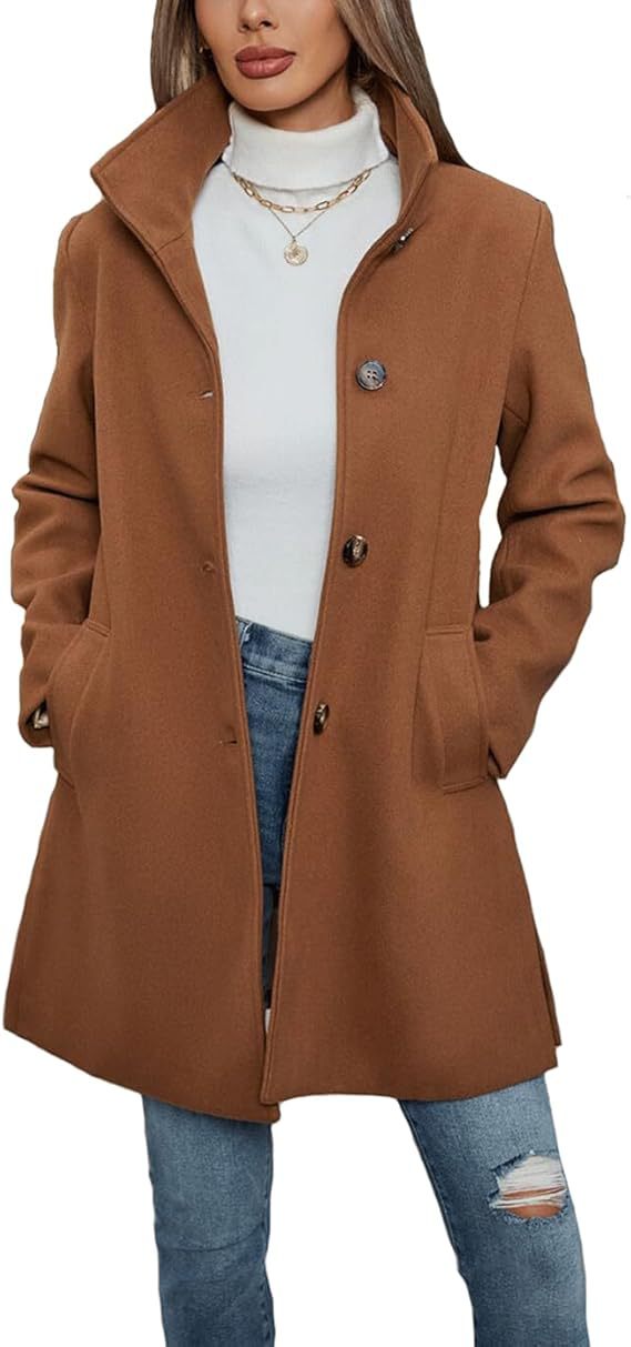 Damen Eleganter Wollmantel mit Hochgeschlossenem Kragen und Praktischen Taschen - Arvani