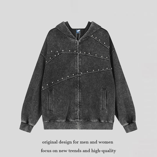Damen Kapuzen‑Sweatjacke im Oversize‑Used‑Look mit Nietverzierung und durchgehendem Reißverschluss Nord Taschen