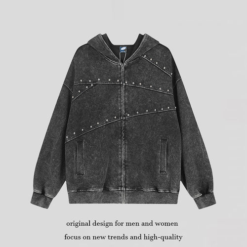 Damen Kapuzen‑Sweatjacke im Oversize‑Used‑Look mit Nietverzierung und durchgehendem Reißverschluss Nord Taschen